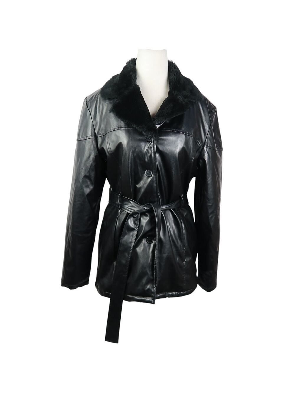 Vintage 90s Outer Edge Black Faux Leather Jacket Faux Fur Collar M